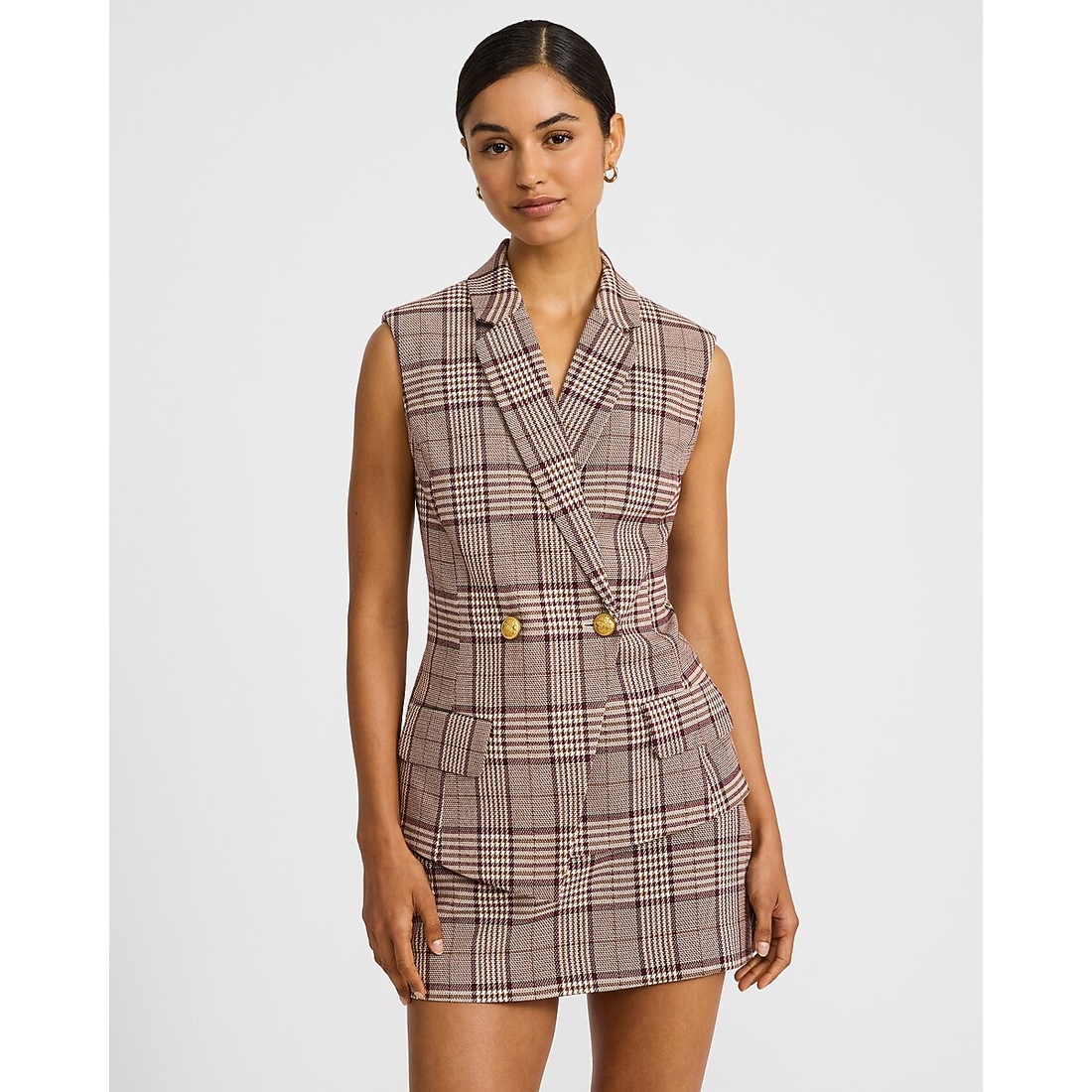 Express Plaid Notch Lapel Double Breasted Blazer Vest