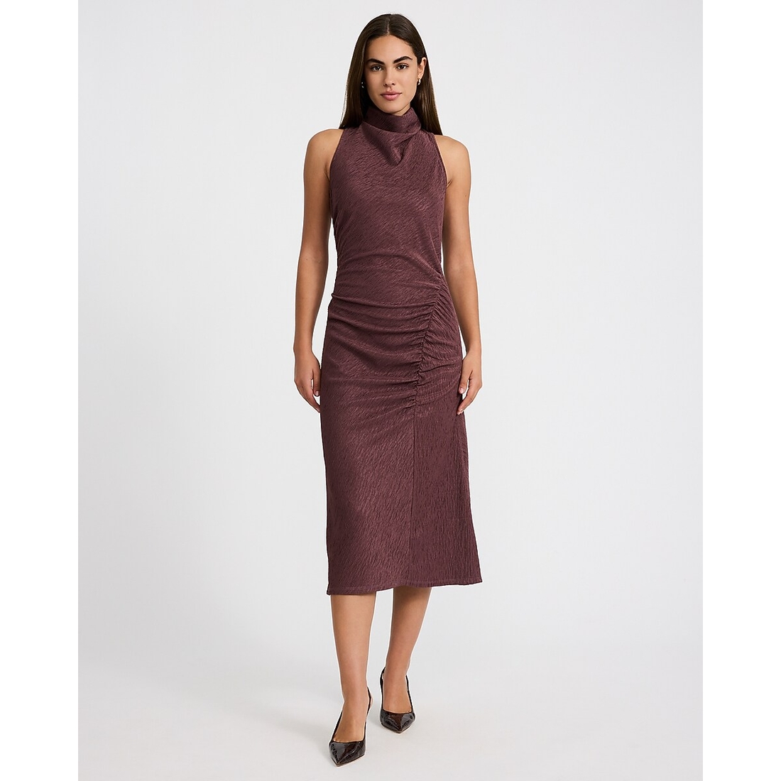 Express Textured Mock Neck Ruched Midi Sheath Dress