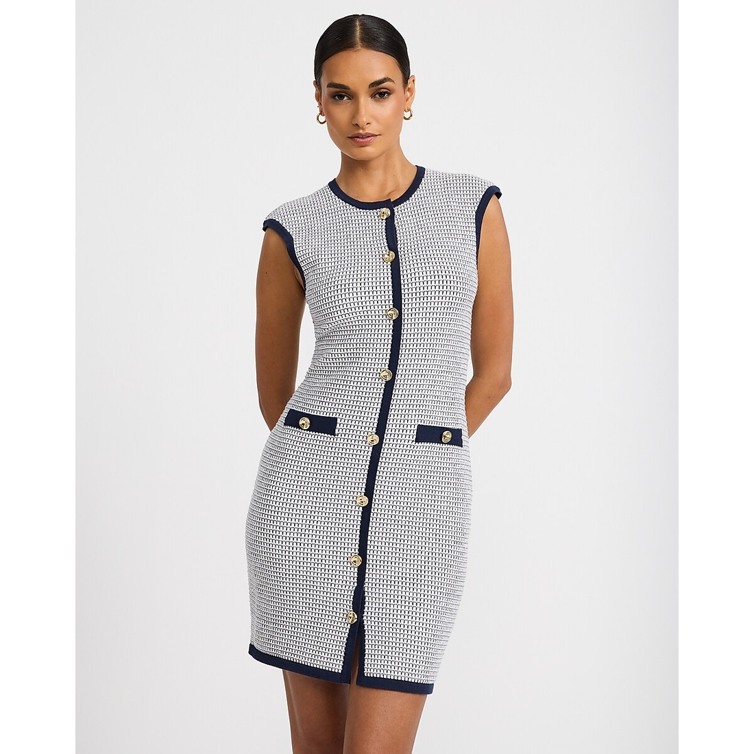 Express Tipped Crew Neck Novelty Button Front Mini Sweater Dress