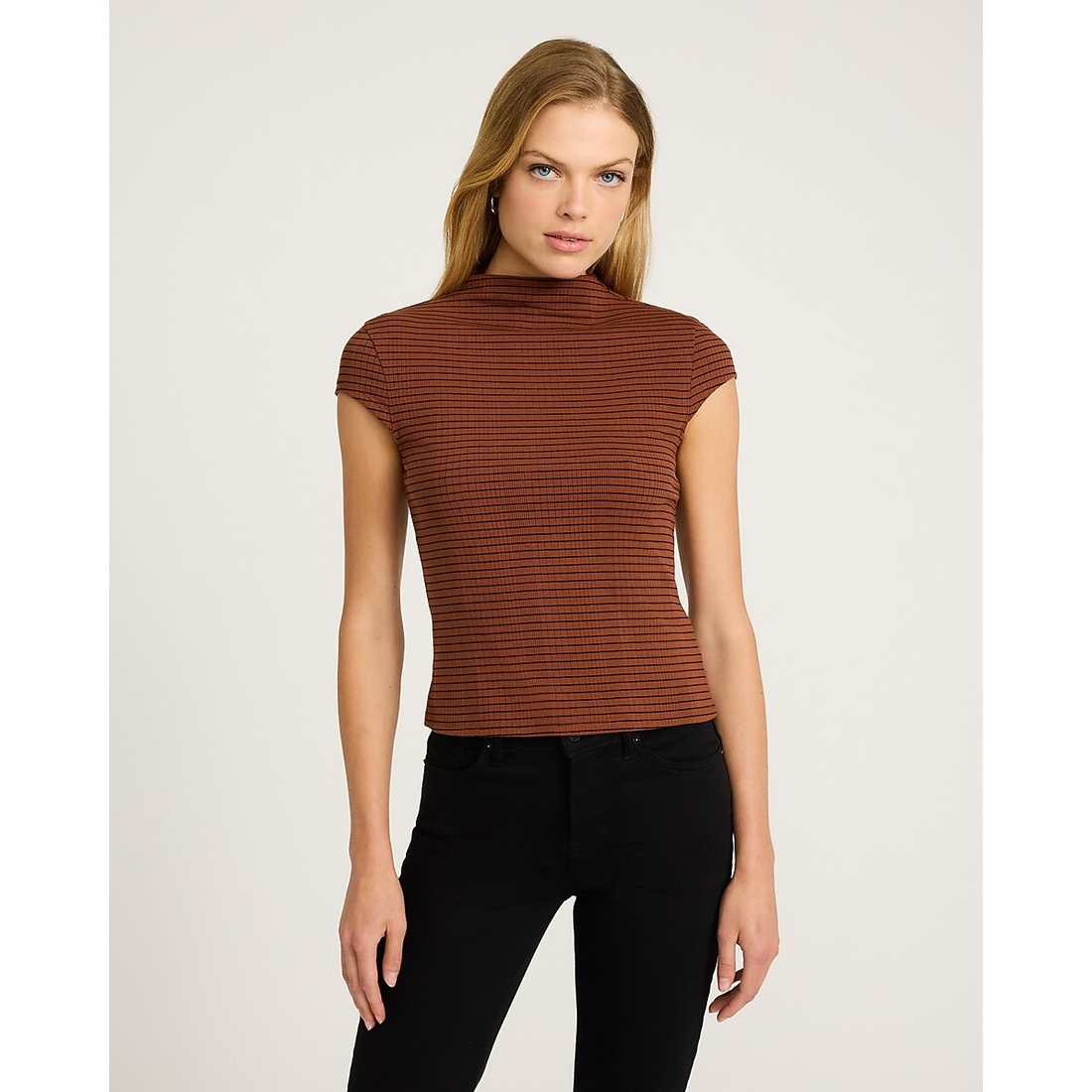 Express Striped Ribbed Mock Neck Cap Sleeve Tee