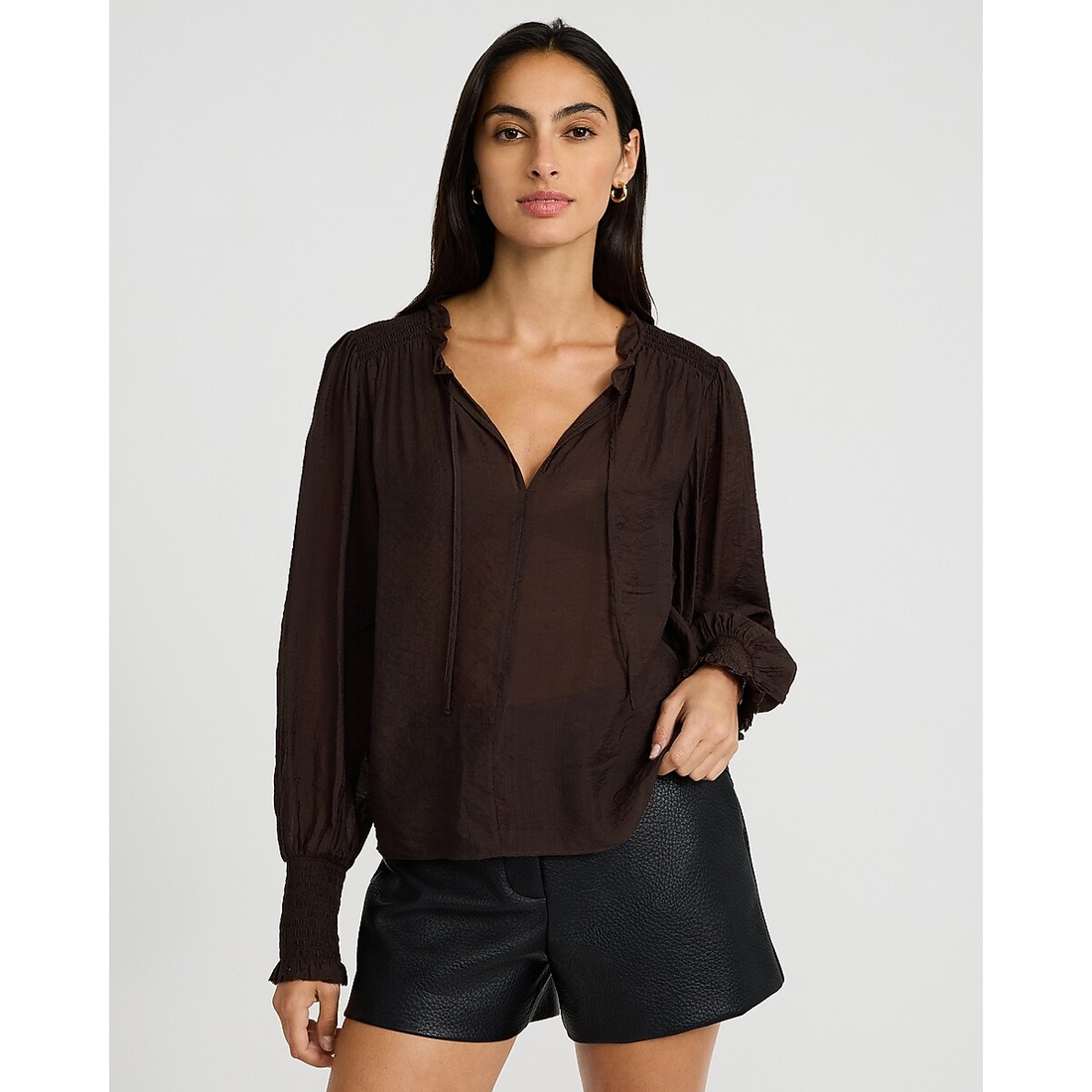 Express Sheer Textured Tie Front V-Neck Long Sleeve Top