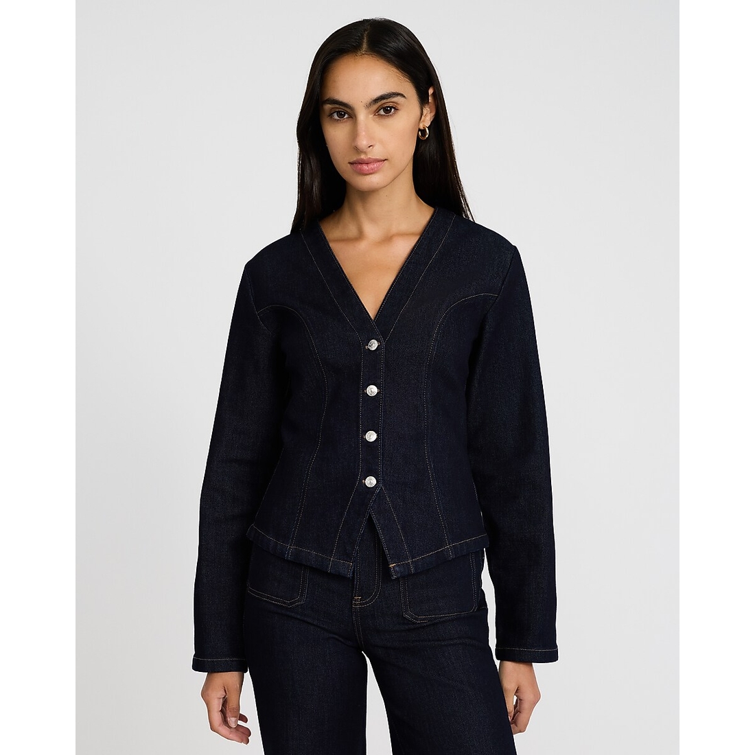 Express Denim V-Neck Long Sleeve Button Front Top