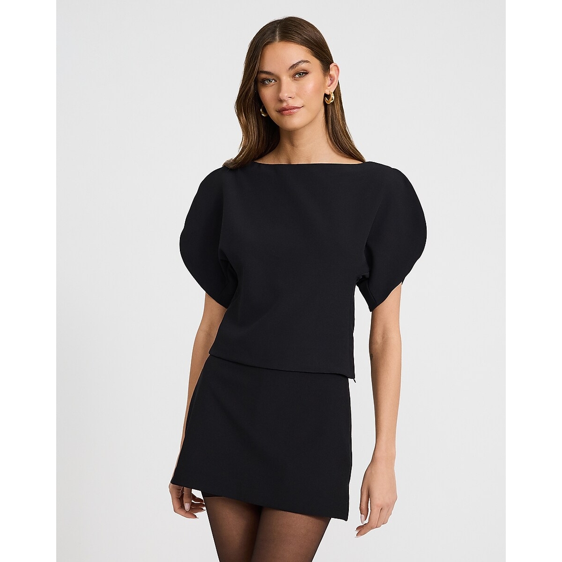 Express Boat Neck Short Sleeve Tailored Top in Studio Stretch Twill