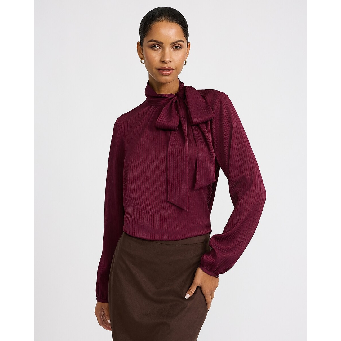 Express Satin Striped Tie Neck Long Sleeve Top