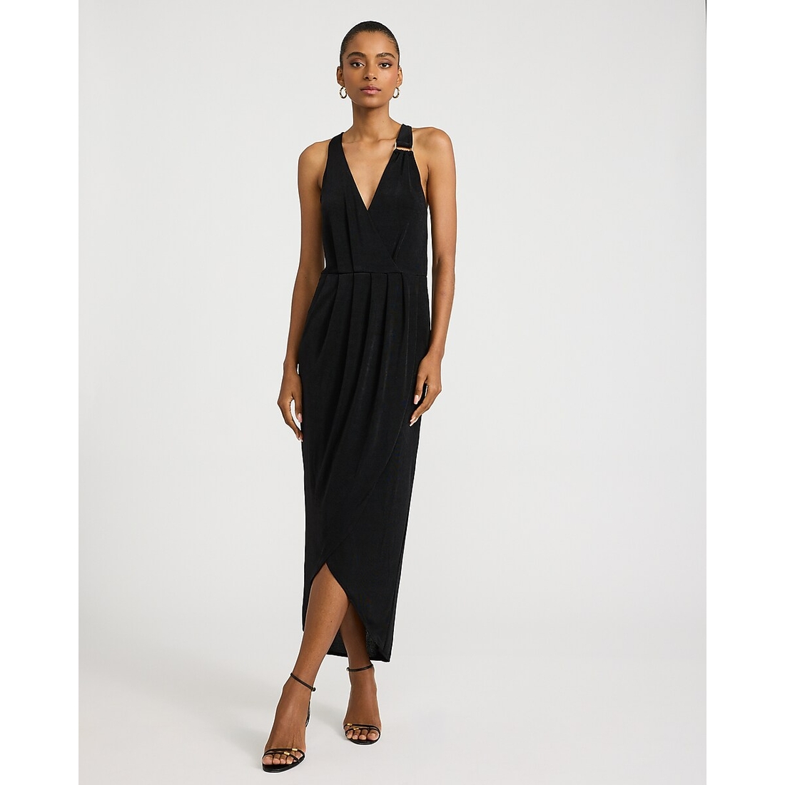 Express V-Neck Novelty Hardware Pleated Wrap Maxi Dress