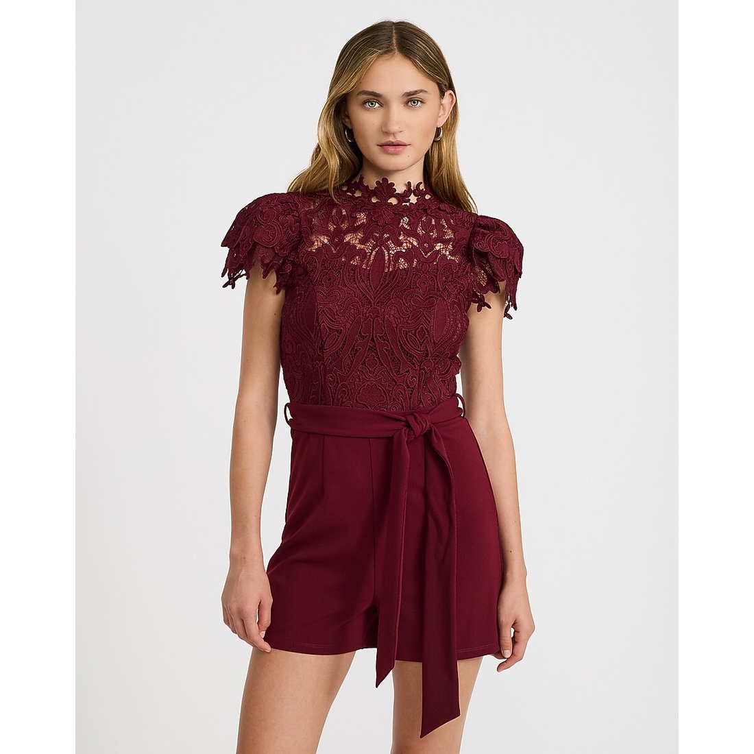 Express Lace Mock Neck Flutter Sleeve Tie Waist Romper