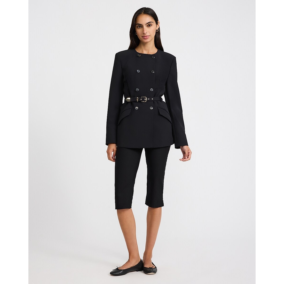 Express Collarless Double Breasted Belted Blazer in Studio Stretch Twill