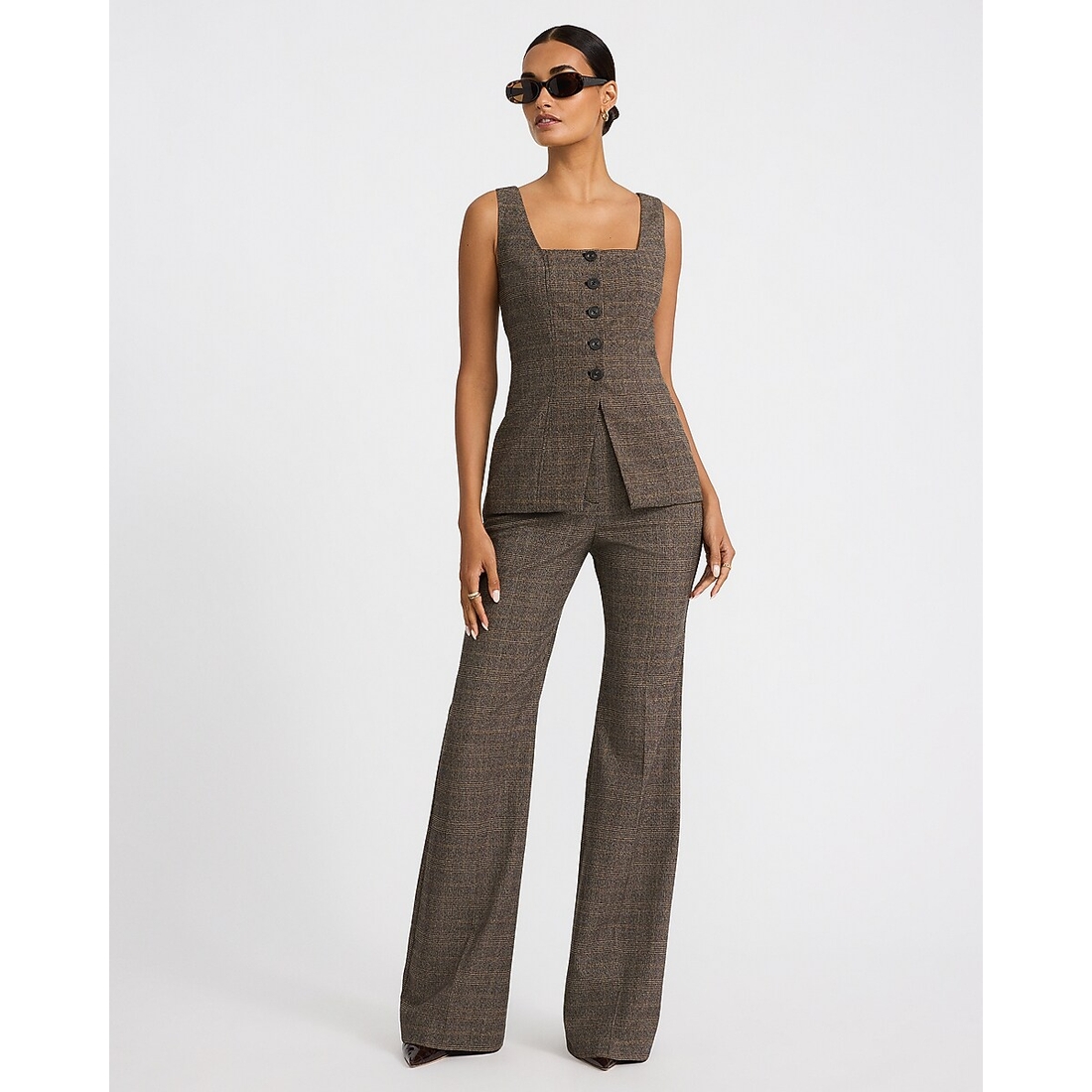 Express Plaid Square Neck Button Front Cutaway Tailored Tank