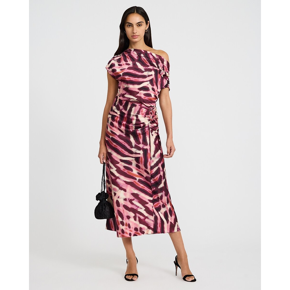 Express Printed Asymmetrical One Shoulder Ruched Midi Dress