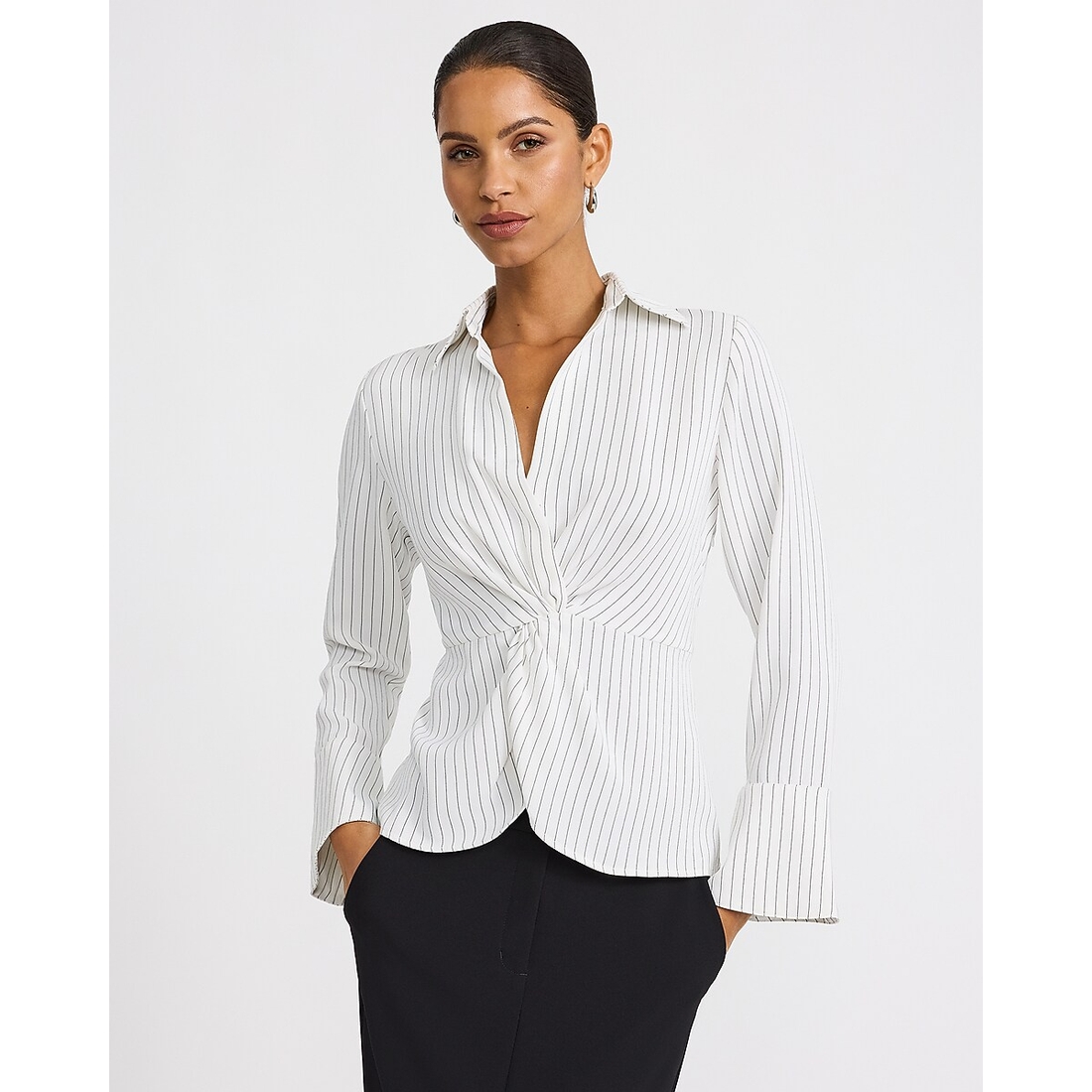 Express Striped Collared Flare Sleeve Twist Front Top
