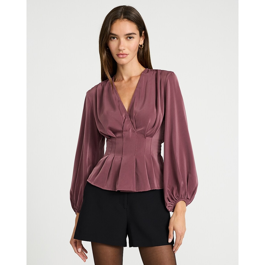 Express V-Neck Wrap Long Balloon Sleeve Pleated Top