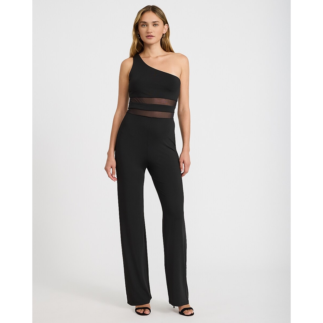 Express Mesh Pieced One Shoulder Wide Leg Jumpsuit