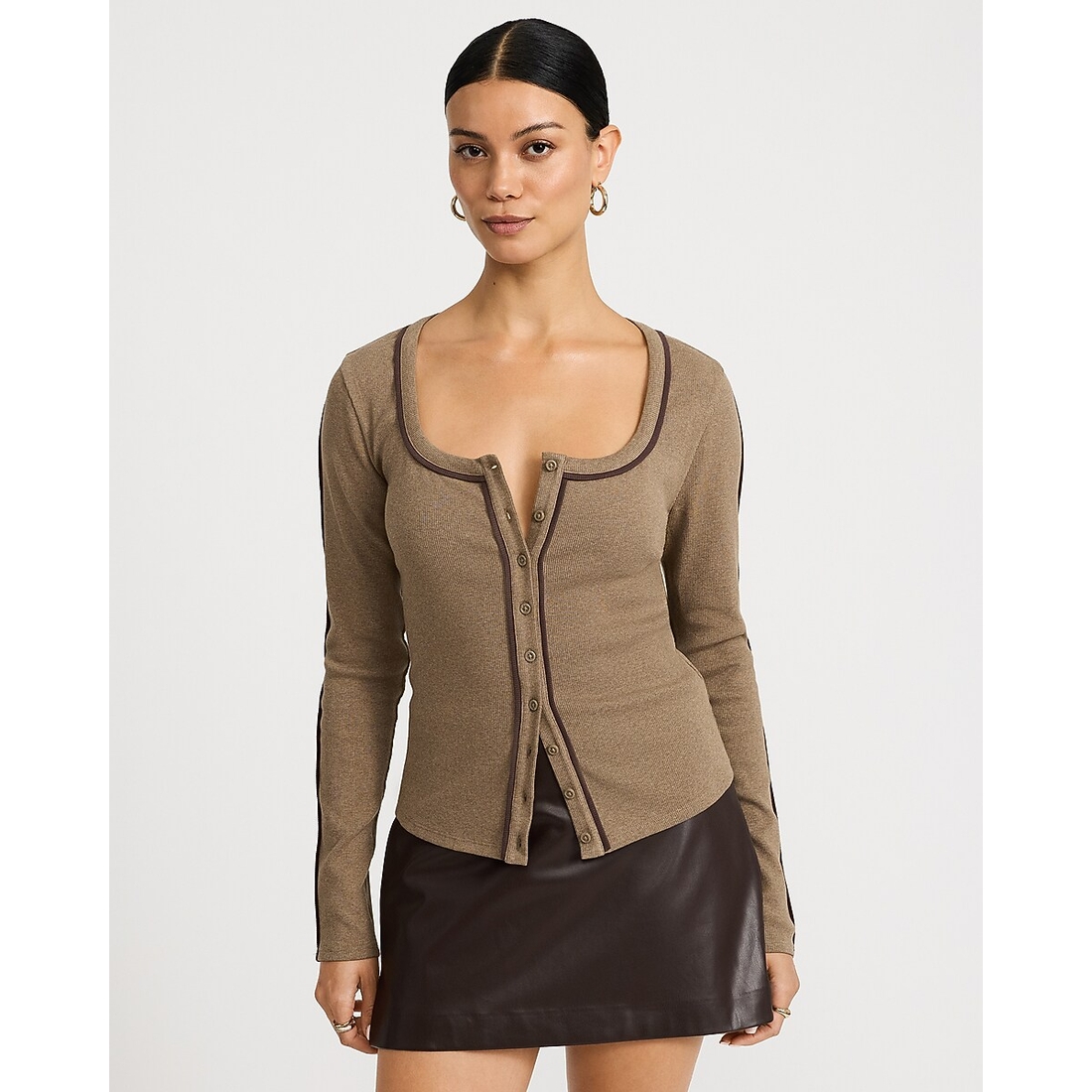 Express Tipped Scoop Neck Long Sleeve Button Front Tee