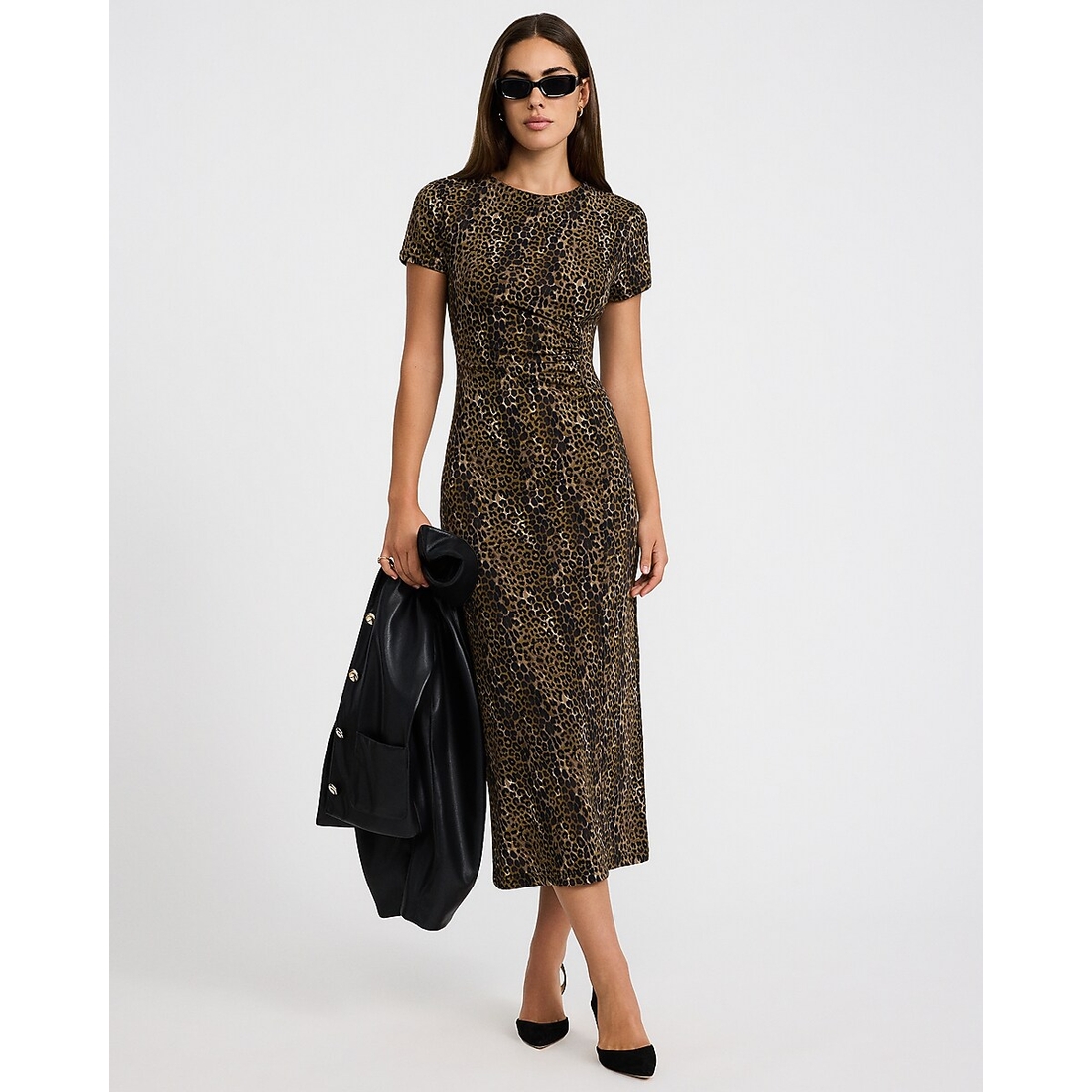 Express Matte Jersey Crew Neck Side Ruched Knit Maxi Dress
