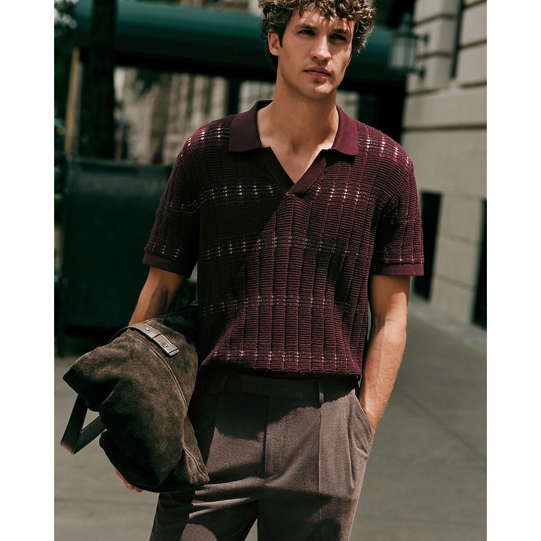 Express Textured Striped Johnny Collar Cotton Sweater Polo