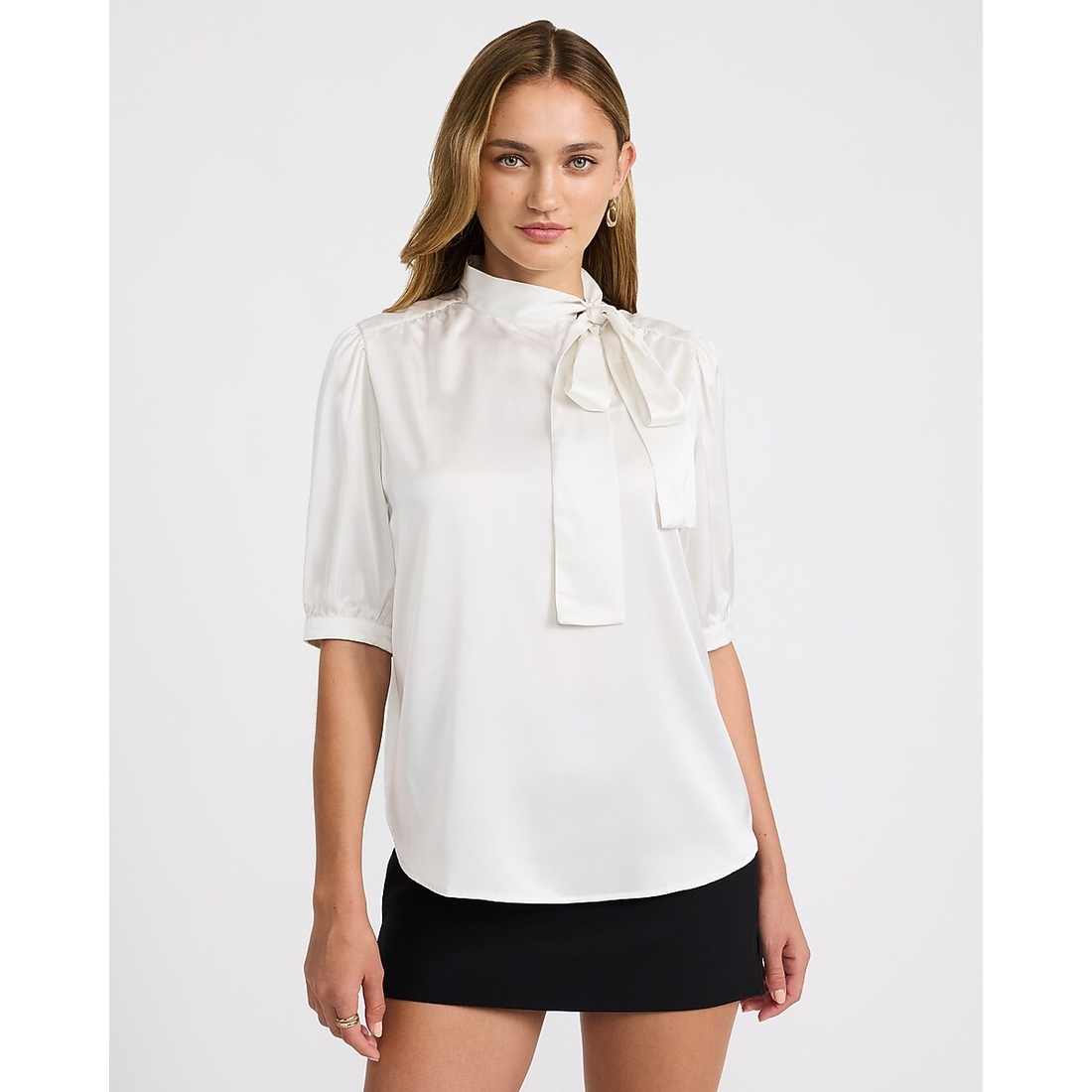 Express Satin Tie Neck Elbow Sleeve Top