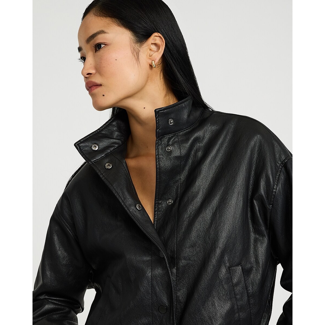 Express Faux Leather Funnel Neck Snap Button Front Bomber Jacket