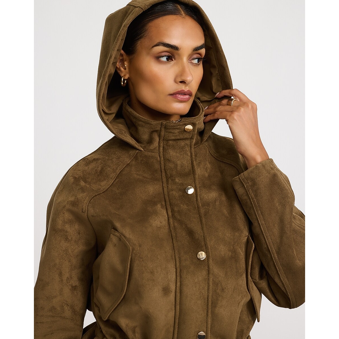 Express Faux Suede Funnel Neck Drawstring Peplum Jacket