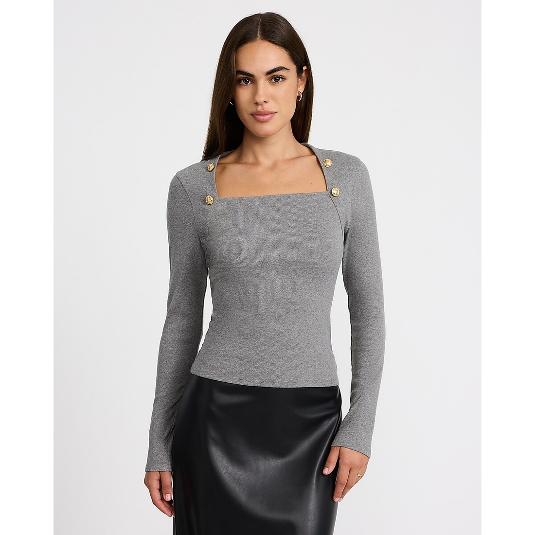 Express Ribbed Square Neck Novelty Button Long Sleeve Top
