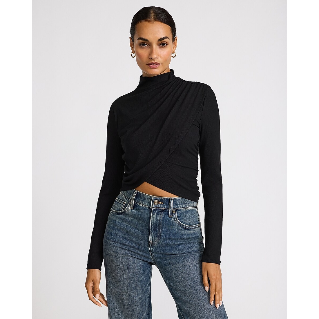 Express Ribbed Mock Neck Long Sleeve Wrap Ruched Top