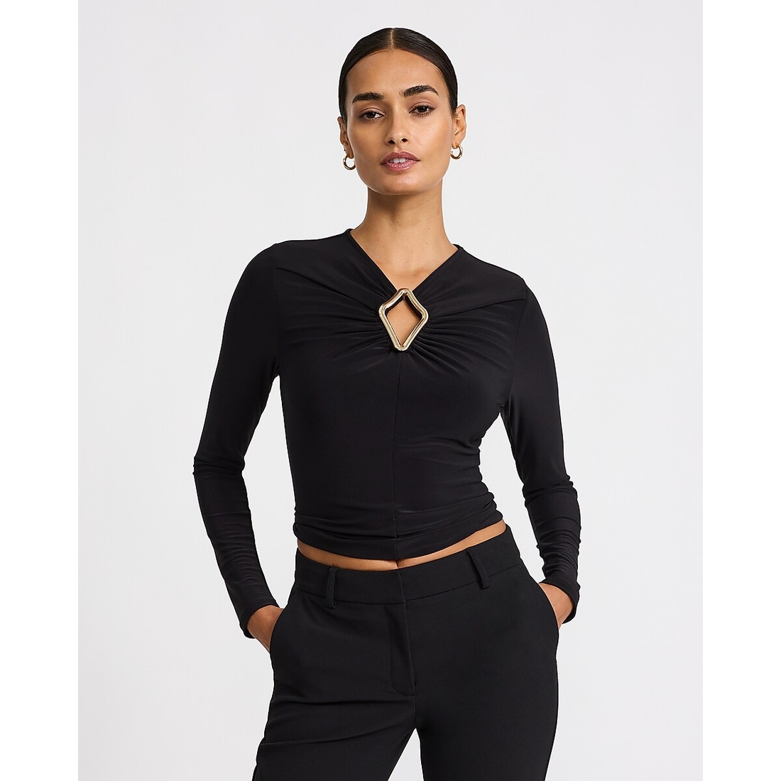 Express Matte Jersey Novelty Hardware Keyhole Long Sleeve Top