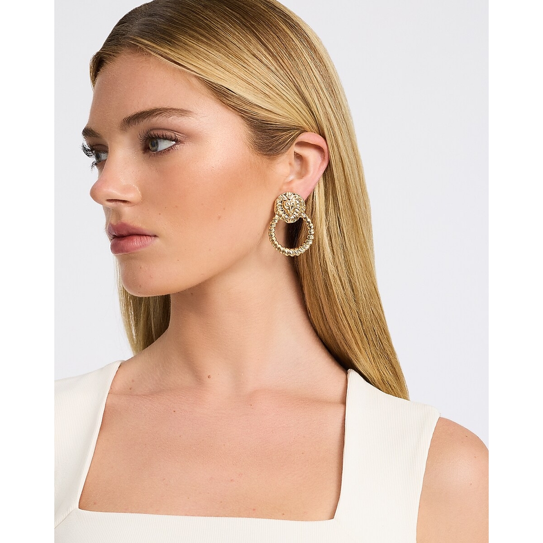 Express Textured Gold Drop Lion Door Knocker Stud Earrings