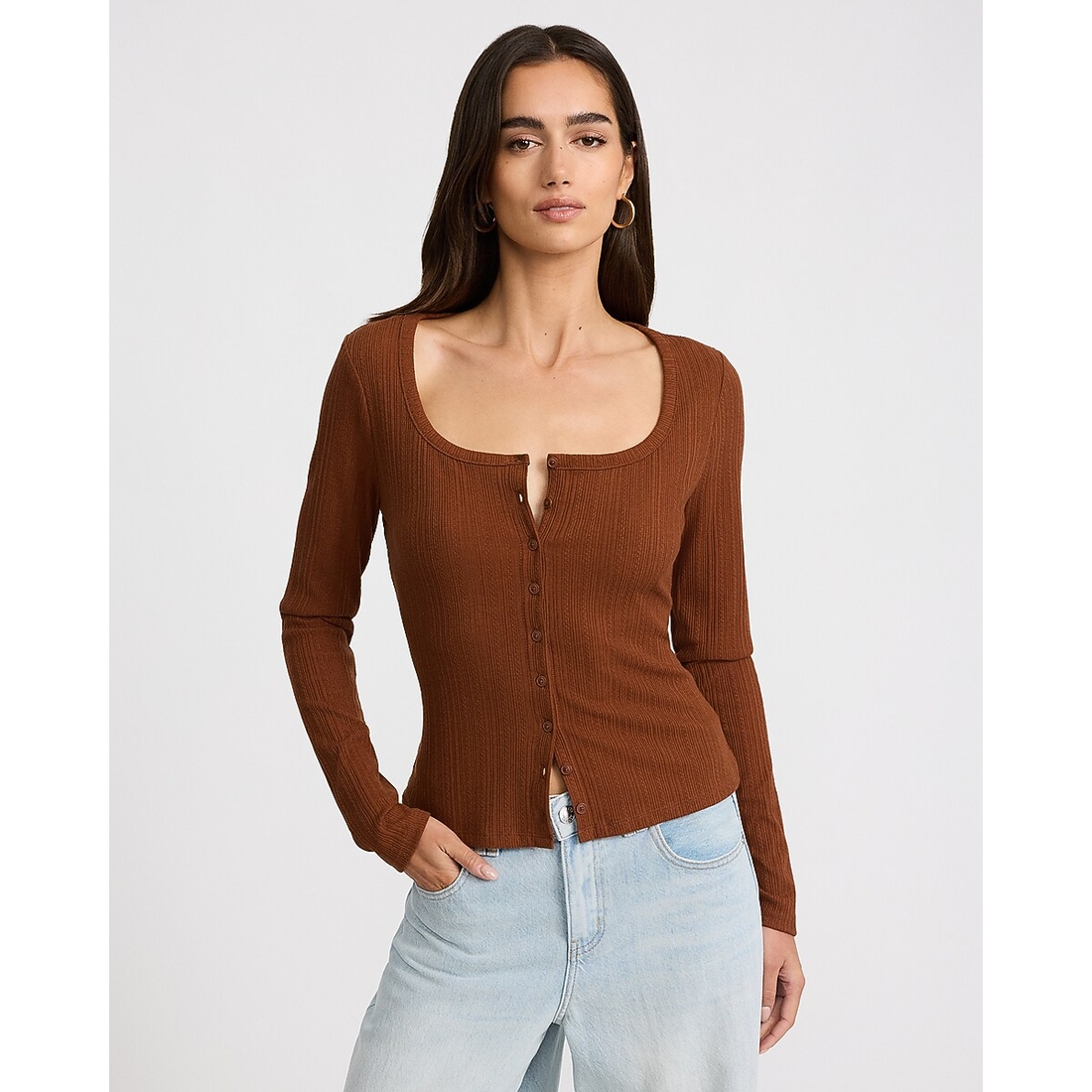 Express Pointelle Scoop Neck Long Sleeve Button Front Tee