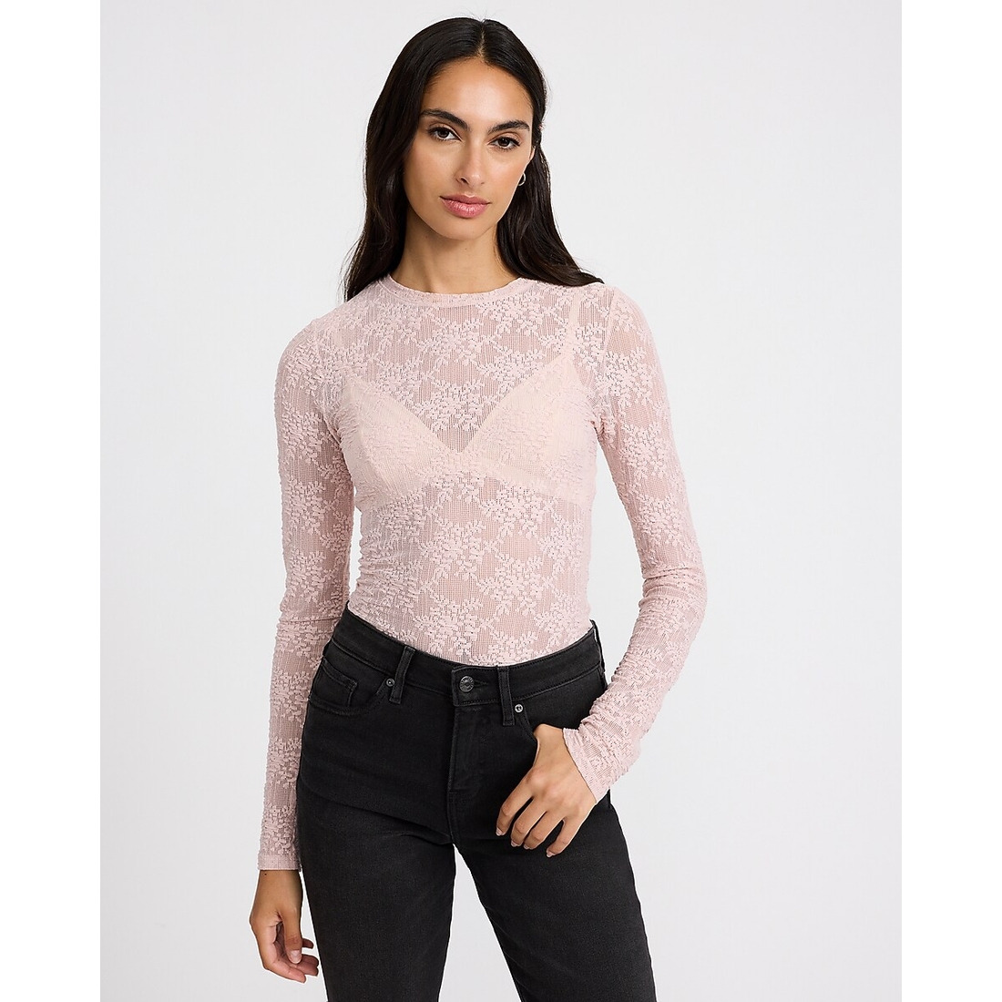 Express Lace Crew Neck Long Sleeve Bodysuit