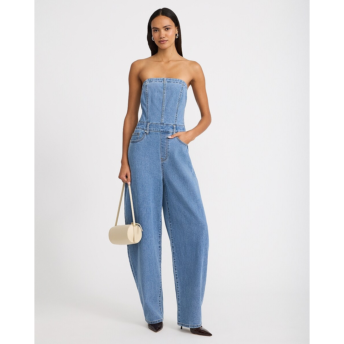 Express Denim Strapless Barrel Leg Jumpsuit with Pockets