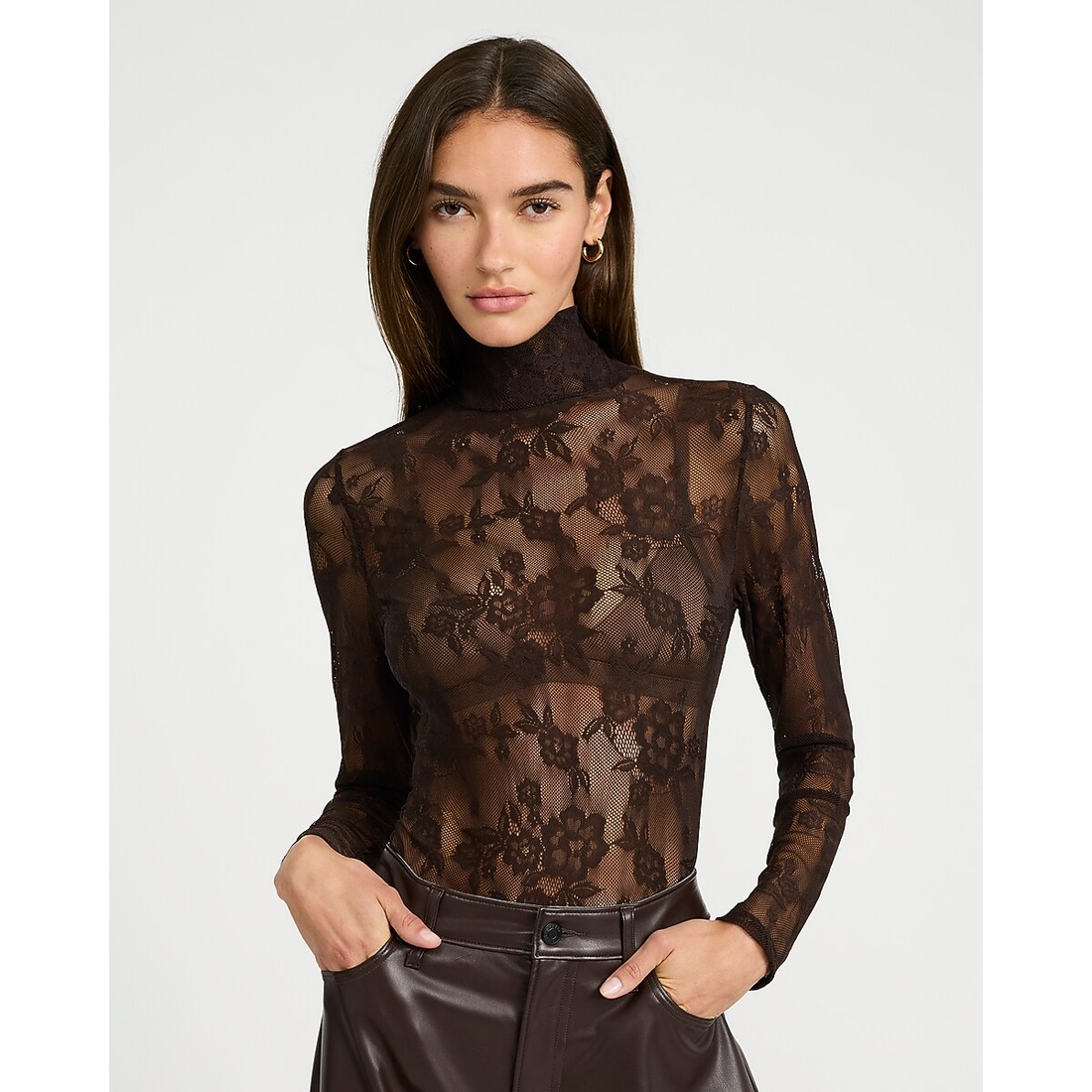 Express Sheer Lace Mock Neck Long Sleeve Top