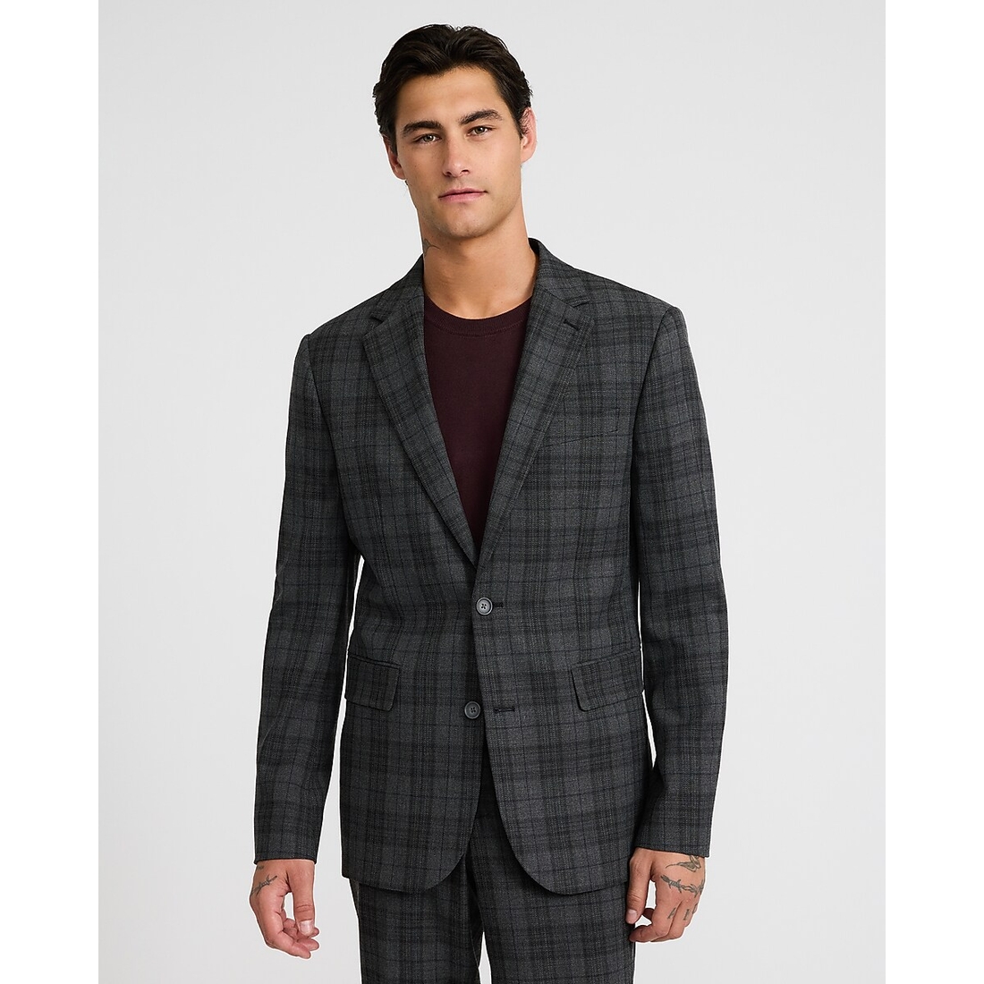 Express Extra Slim Gray Plaid Suit Jacket