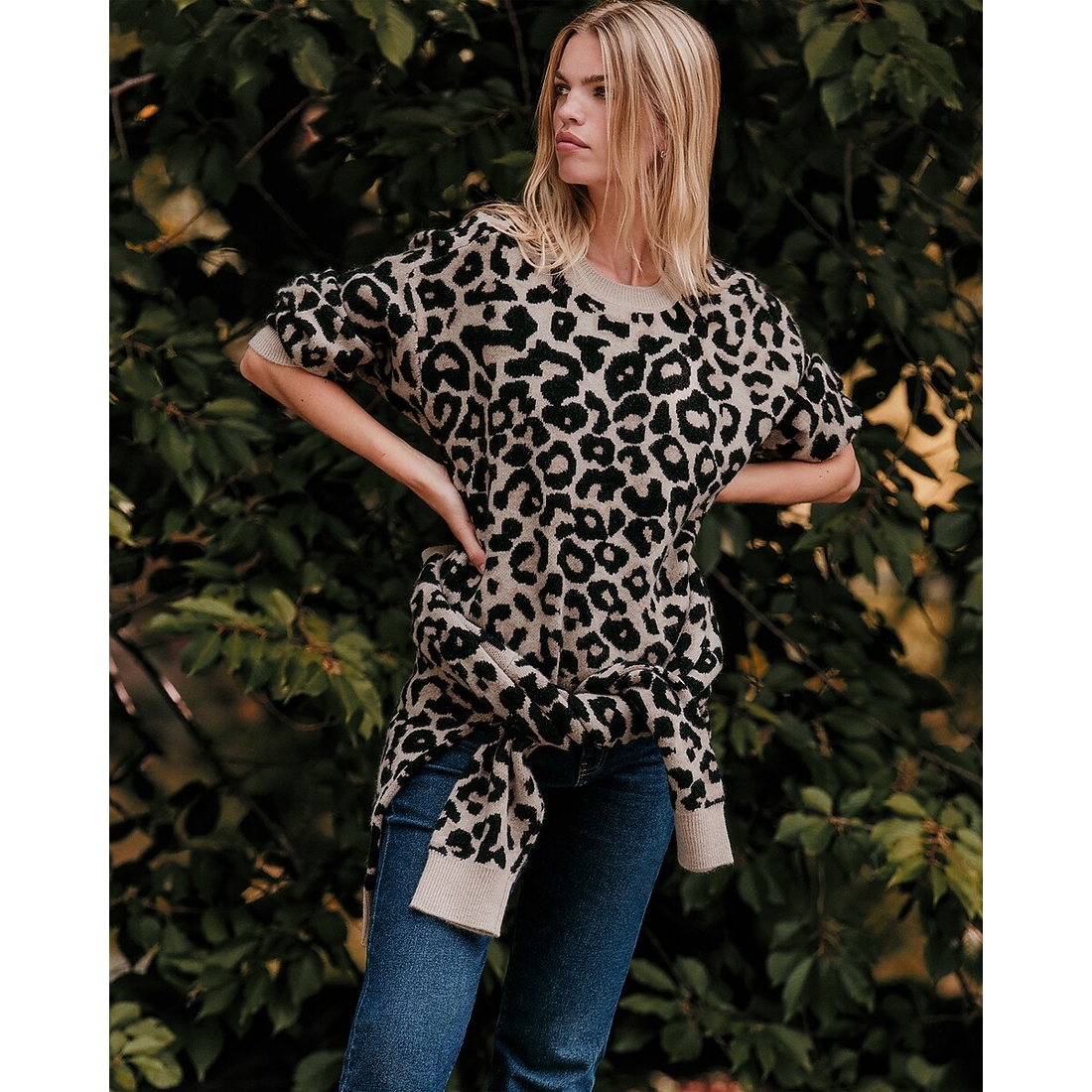 Express Leopard Crew Neck Pullover Sweater