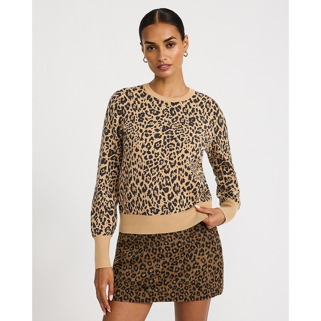 Express Skimming Leopard Crew Neck Sweater in Airy Soft