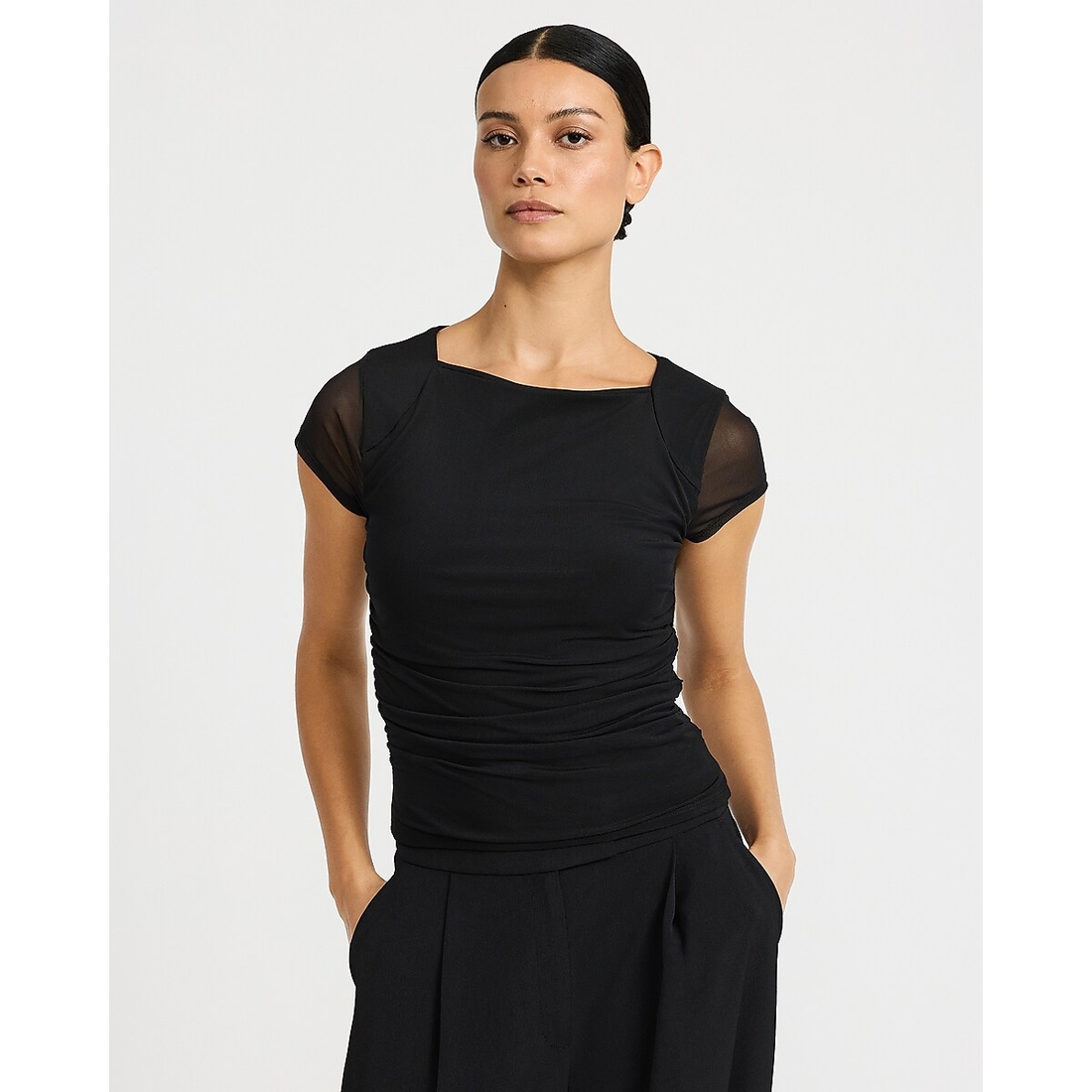Express Mesh Cap Sleeve Ruched Tee