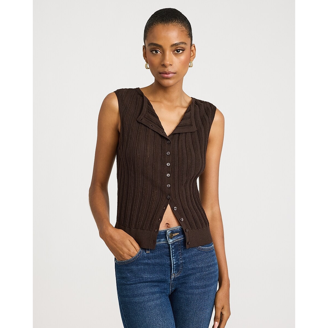 Express Cotton Ribbed Boat Neck Cap Sleeve Button Front Sweater