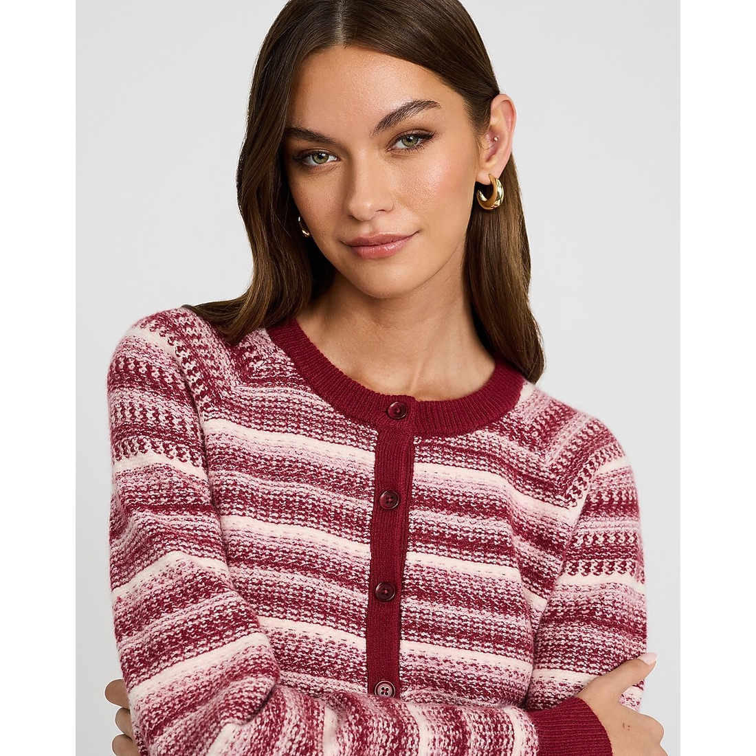 Express Skimming Striped Wool-Blend Crew Neck Cardigan