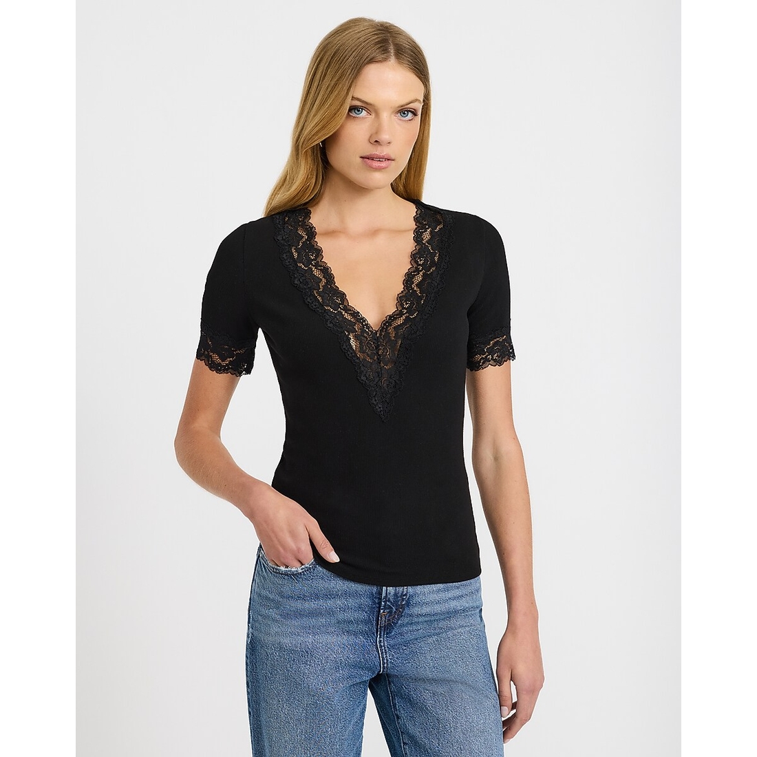 Express Ribbed Lace Trim V-Neck Elbow Sleeve Tee