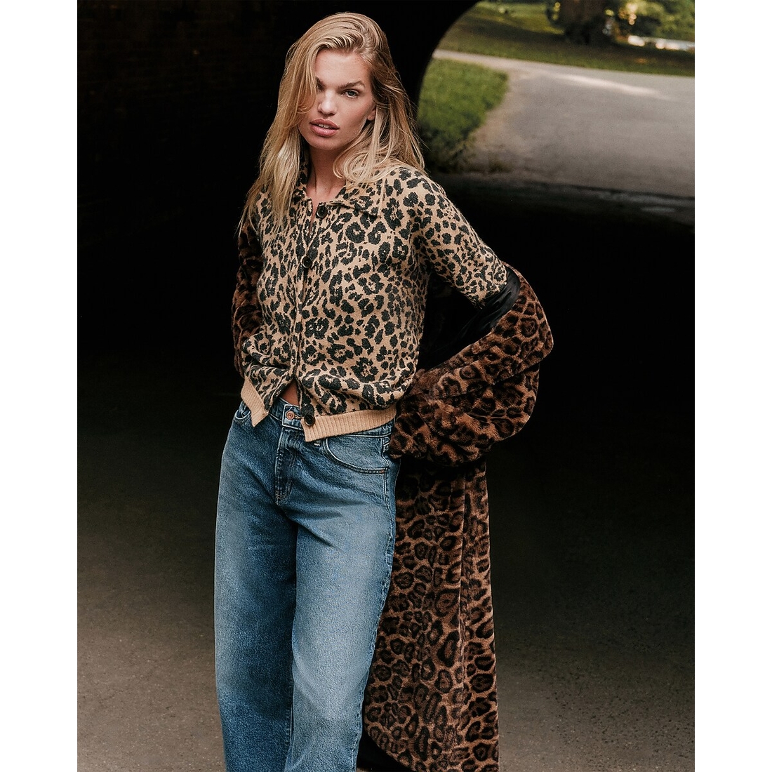Express Leopard Collared Long Sleeve Sweater Jacket