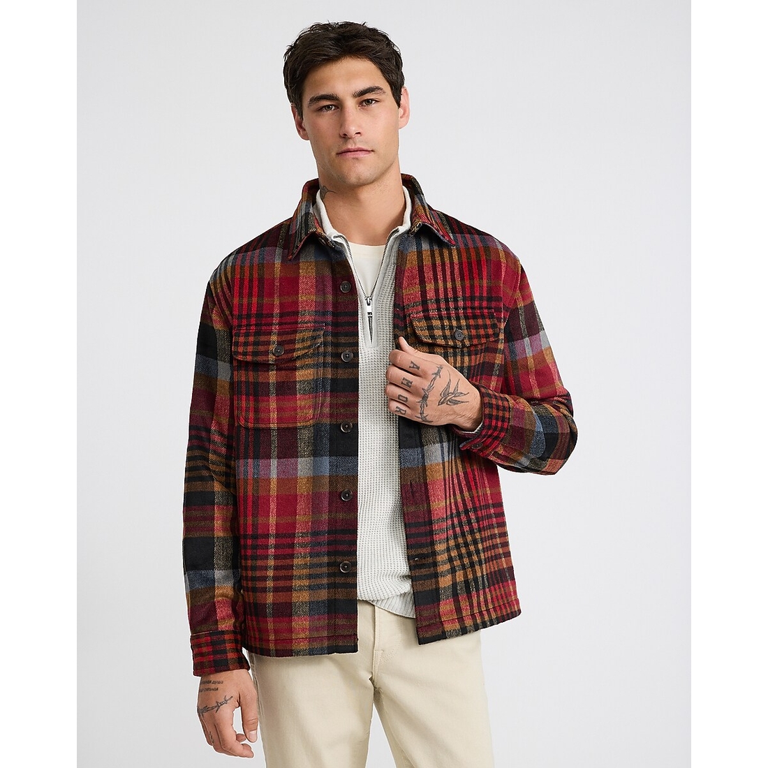 Express Plaid Double Button Pocket Shirt Jacket