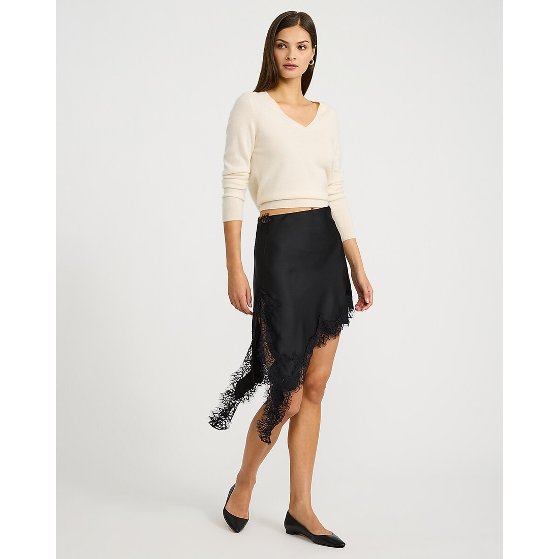 Express Lace Trim Satin Asymmetrical Pull On Mini Skirt