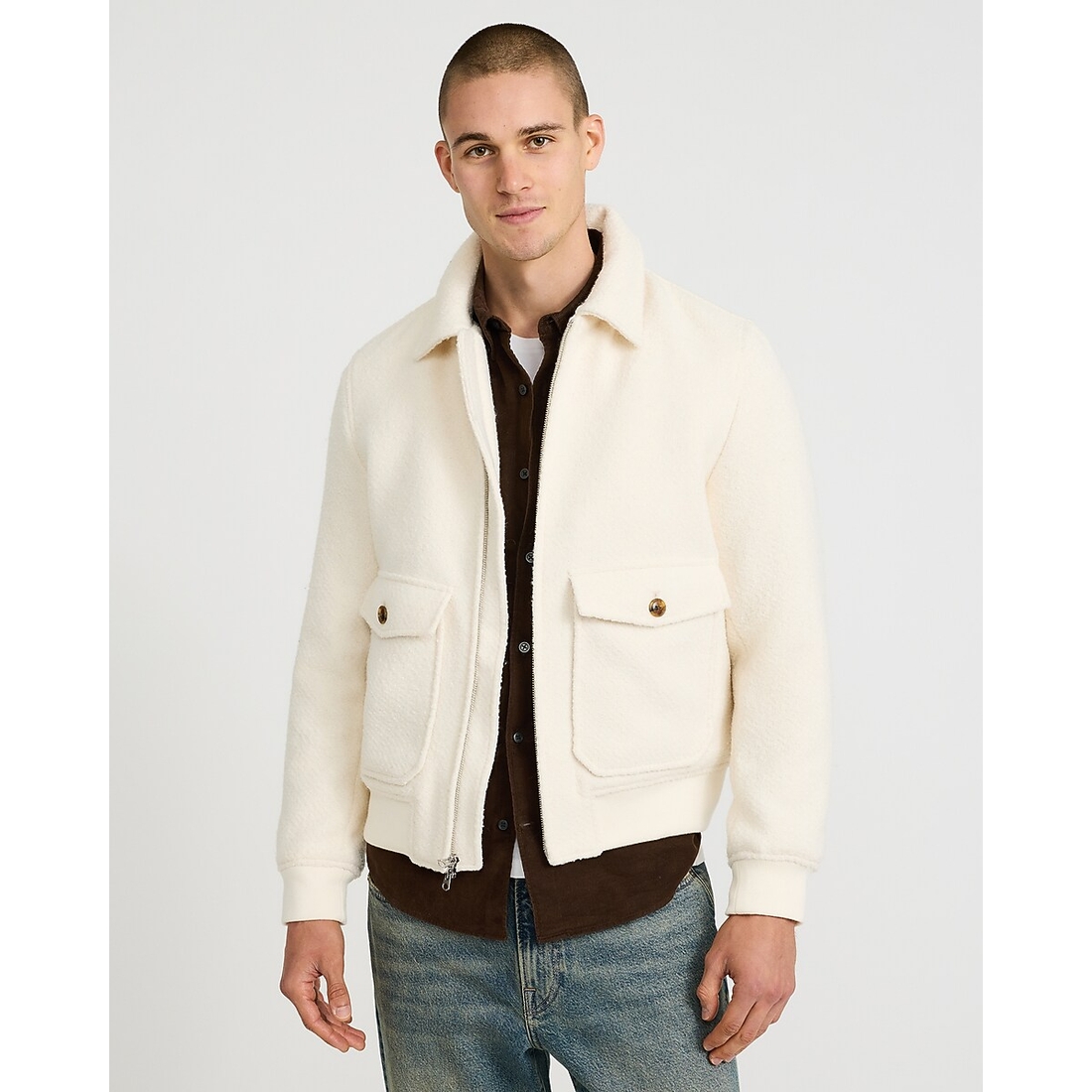Express Ivory Boucle Double Pocket Bomber Jacket