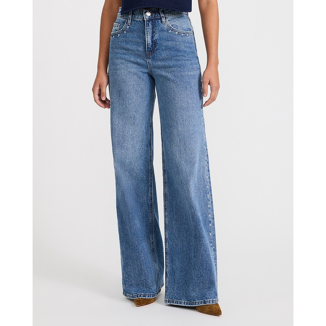 Express High Waisted Studded Wide Leg Medium Wash Jeans