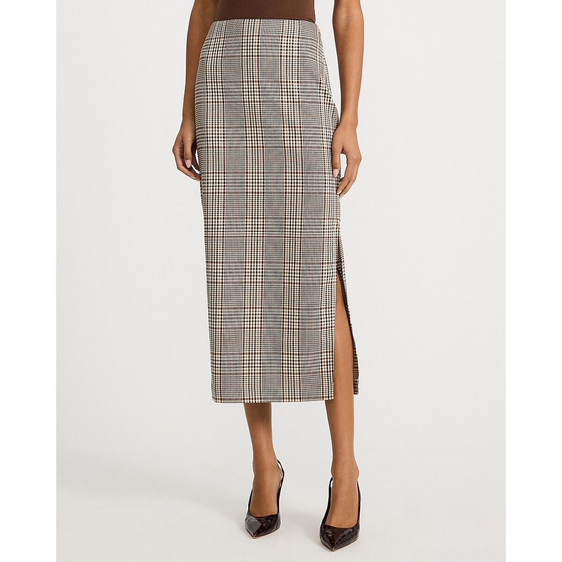 Express Plaid Super High Waisted Side Slit Midi Column Skirt