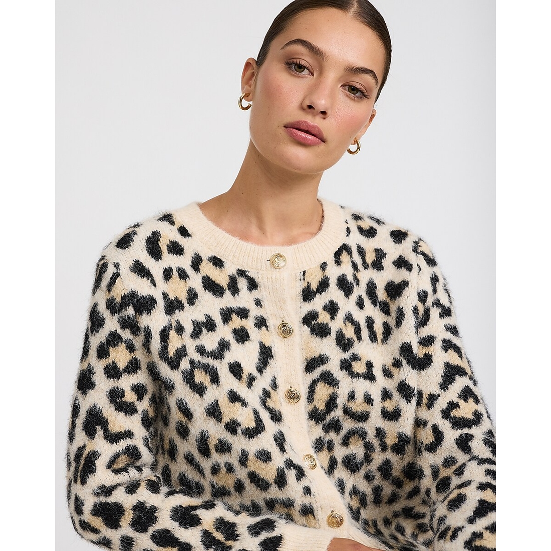 Express Leopard Wool-Blend Crew Neck Novelty Button Cardigan