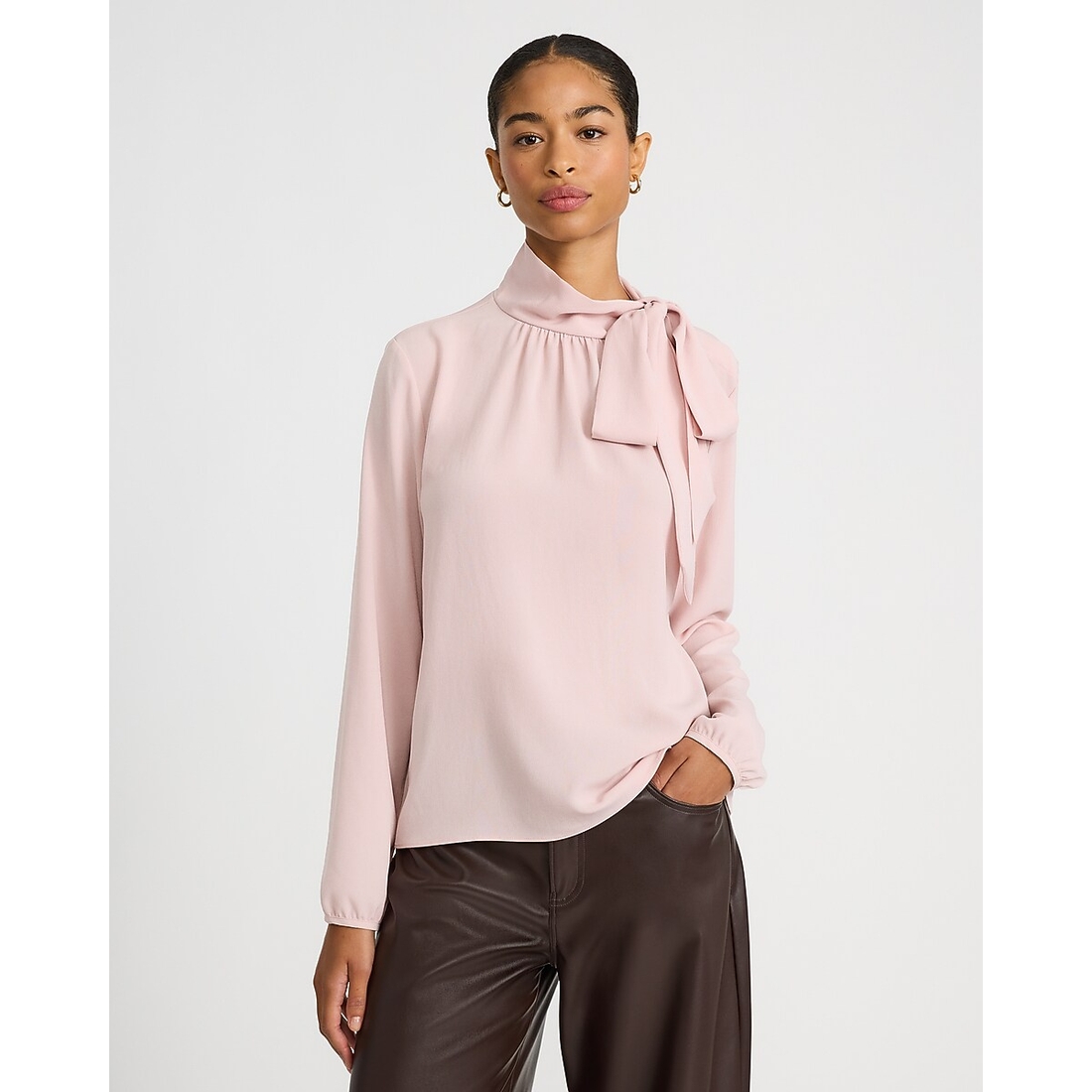 Express Tie Neck Long Sleeve Ruched Top