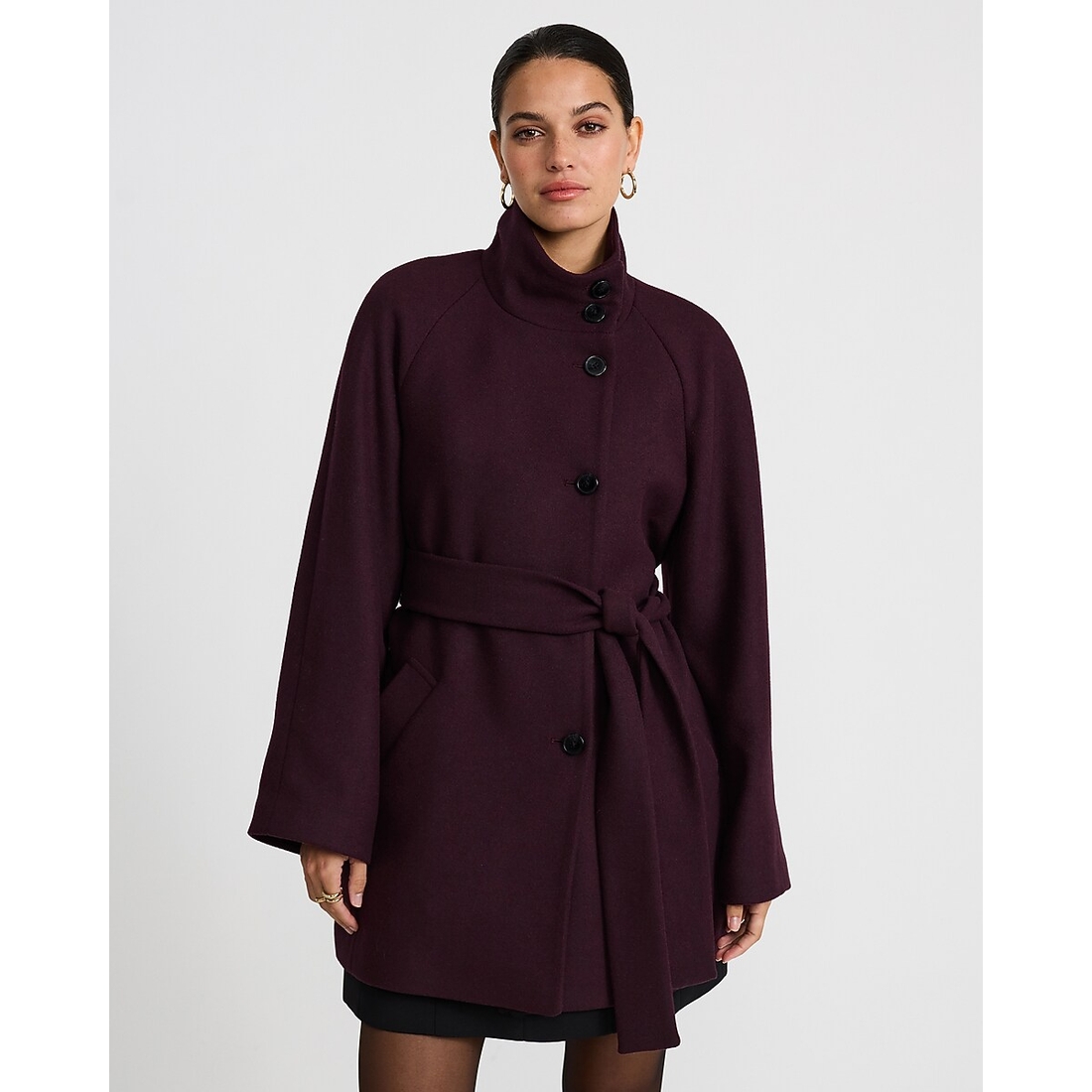 Express Wool-Blend Funnel Neck Belted Coat