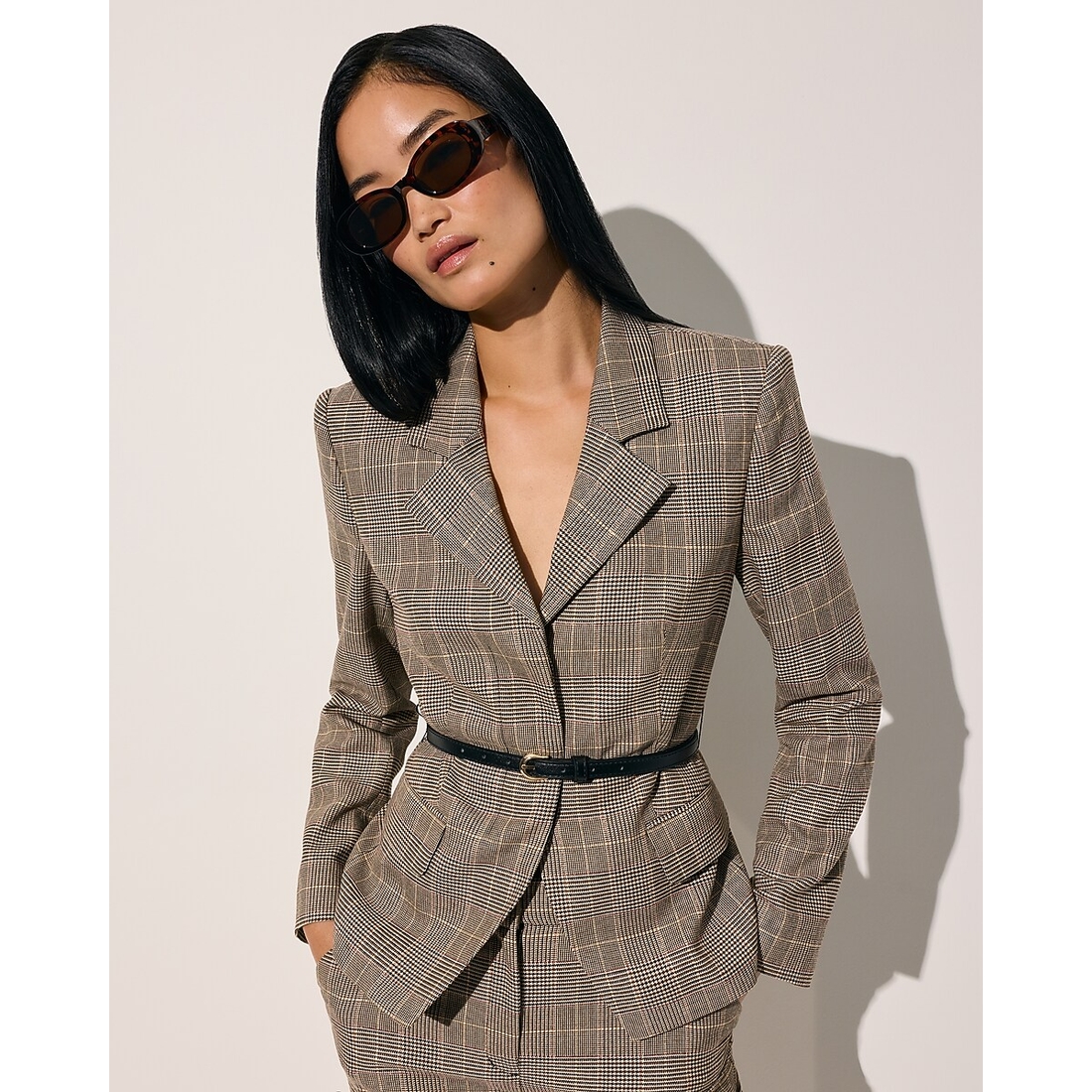 Express Plaid Notch Collar Belted Cutaway Blazer