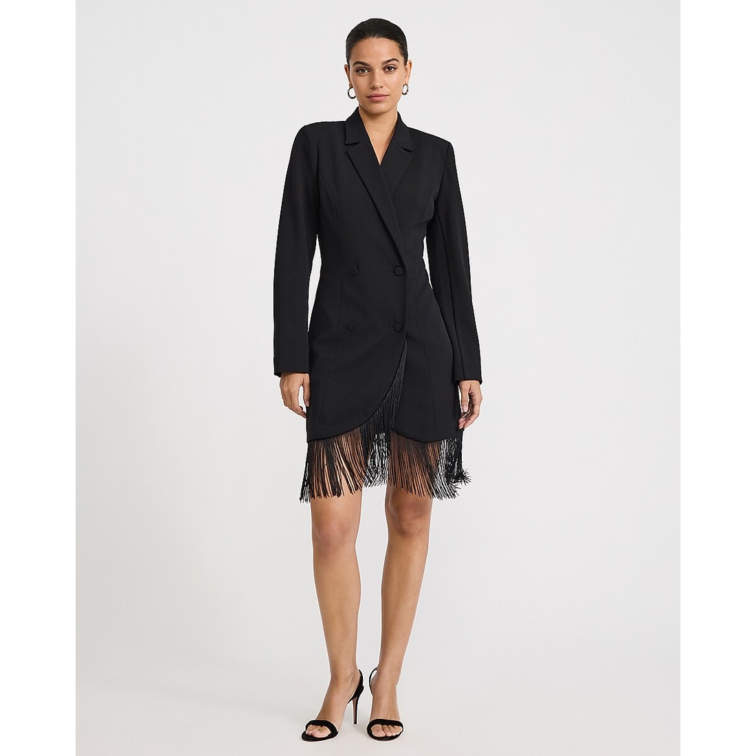 Express Crepe Collared Double Breasted Fringe Mini Blazer Dress