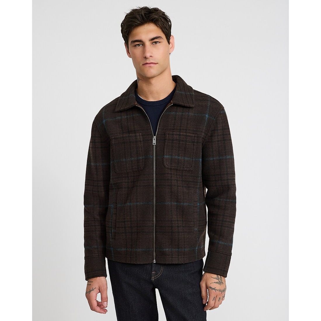 Express Plaid Fleece Patch Pocket Zip Shirt Jacket