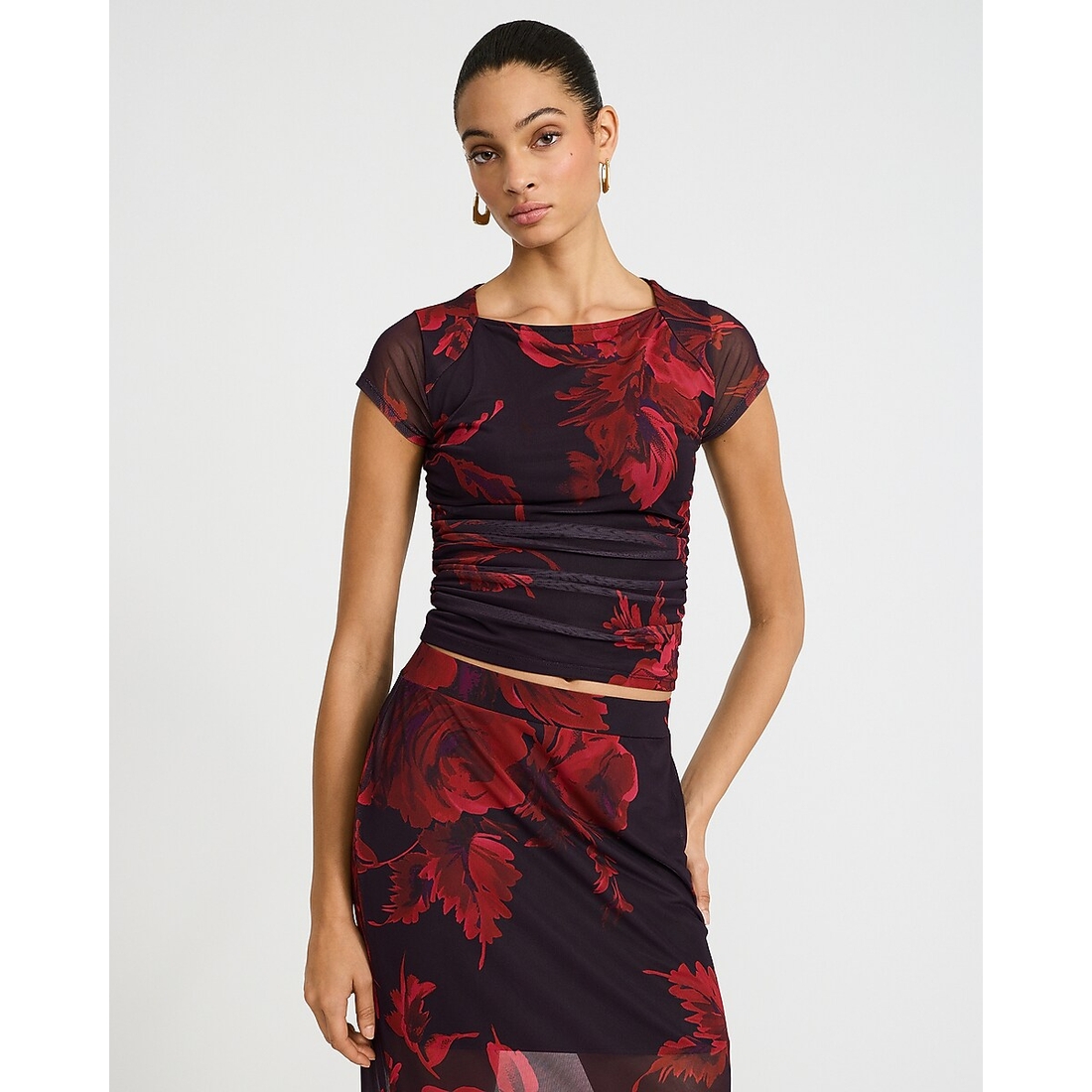Express Floral Mesh Cap Sleeve Ruched Tee